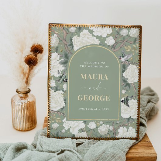 Blue White Chinoiserie Peony Bird Wedding Welcome Poster