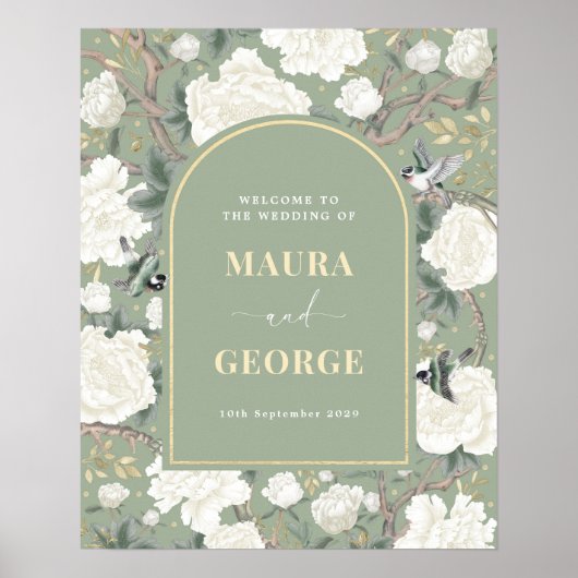 Blue White Chinoiserie Peony Bird Wedding Welcome Poster (Voorkant)