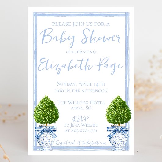 Blue & White Chinoiserie Topiary Baby shower Kaart