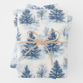 Blue White Christmas Pine Trees Snowflakes Inpakpapier Vel (In situ)