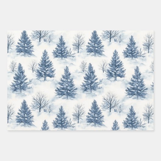 Blue White Christmas Pine Trees Snowflakes Inpakpapier Vel (Voorkant)