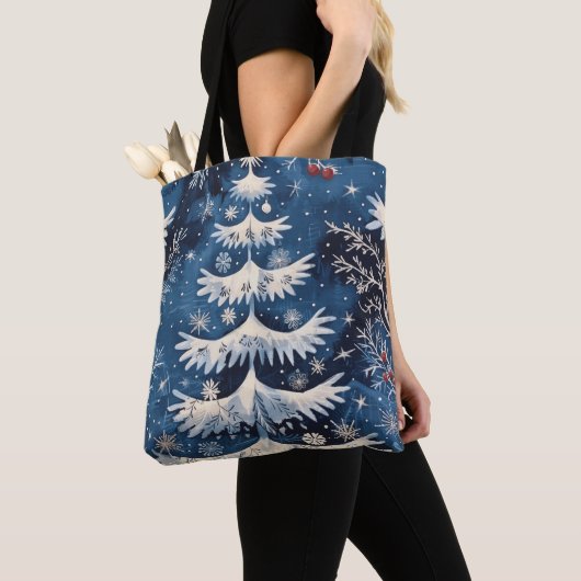Blue White Christmas Tree Holiday Canvas tas (Dichtbij)