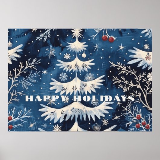 Blue White Christmas Tree Holiday Poster (Voorkant)