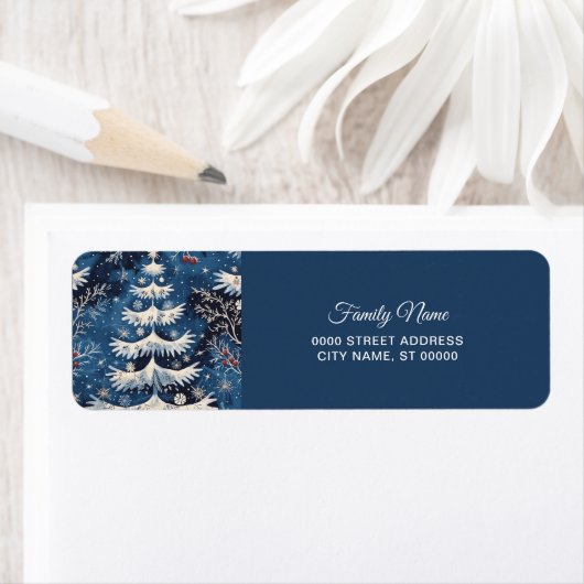 Blue White Christmas Tree Holiday Retouradres Etiket (Insitu)