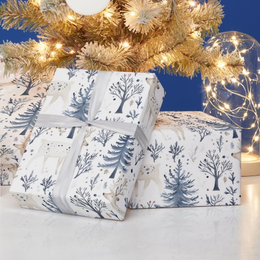 Blue White Christmas Trees Deer Cadeaupapier (Feestdagen)