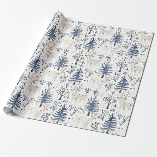 Blue White Christmas Trees Deer Cadeaupapier (Uitgerold)
