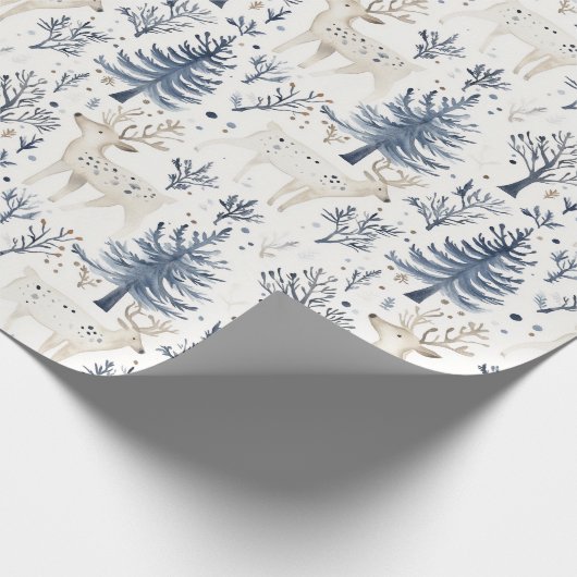 Blue White Christmas Trees Deer Cadeaupapier (Hoek)