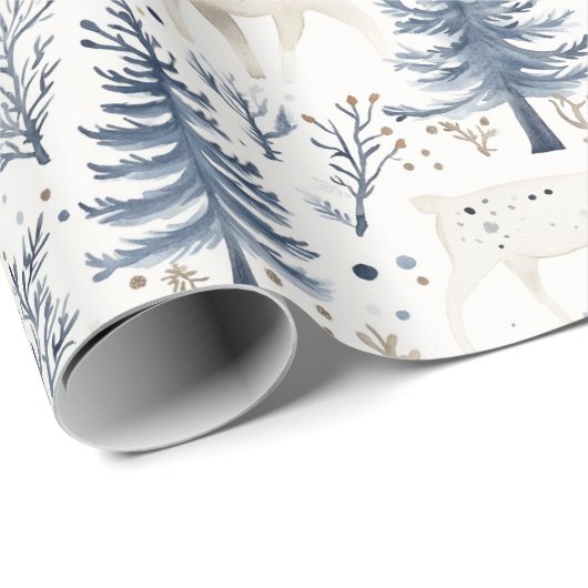 Blue White Christmas Trees Deer Cadeaupapier (Rol Hoek)