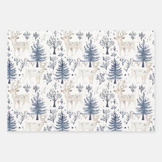 Blue White Christmas Trees Deer Inpakpapier Vel (Voorkant)