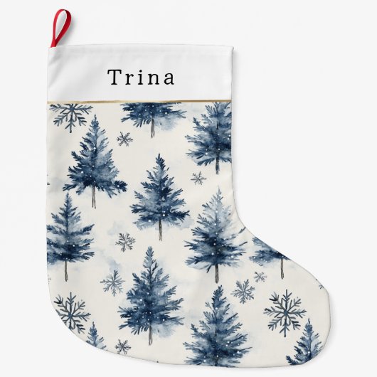 Blue White Christmas Trees Snowflakes Grote Kerstsok (Voorkant)