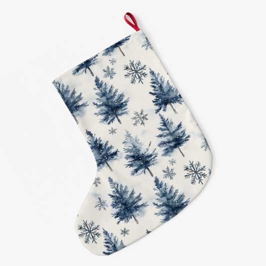 Blue White Christmas Trees Snowflakes Grote Kerstsok (Achterkant (Hangend))