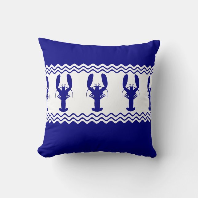 Blue White Coastal Lobster Stripes Kussen (Voorkant)