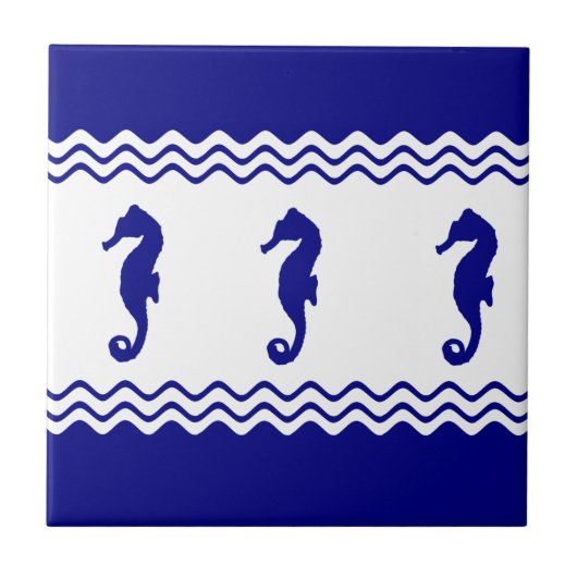 Blue White Coastal Seahorses Stripes Tegeltje (Voorkant)