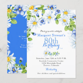 Blue White Country Daisy 80th Birthday Invite Kaart