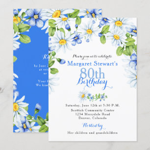Blue White Country Daisy 80th Birthday Invite Kaart