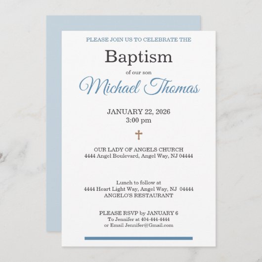 Blue White Cross Custom Name Baptism Kaart (Voorkant / Achterkant)