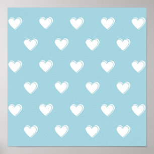 Blue White Cute Simple Heart Patroon Poster