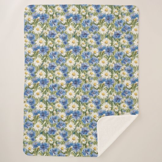 Blue White Daisy Flowers Sherpa Deken (Voorkant)