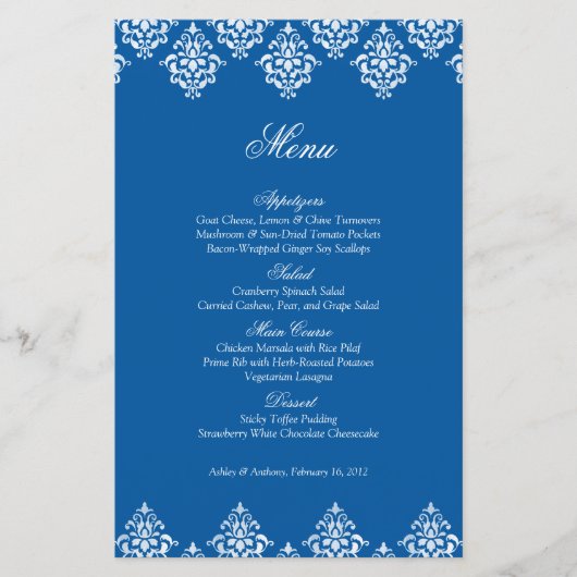 Blue White Damask Arabesque Wedding Menu Kaart (Voorkant)