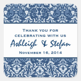 Blue White Damask Bedankt voor je huwelijk V09 Vierkante Sticker