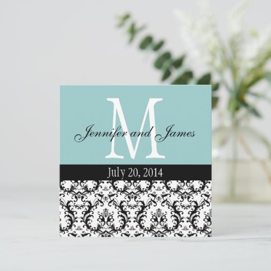 Blue White Damask Monogram Weddenschap Kaart (Staand voorkant)