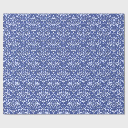 Blue White Damask Patroon Cadeaupapier (Vlak)