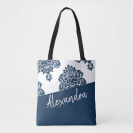 Blue White Damask Pattern Modern Personalized Tote Bag