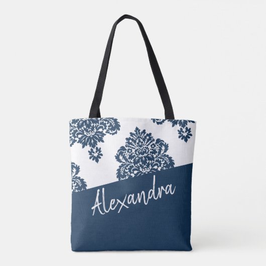 Blue White Damask Pattern Modern Personalized Tote Bag (Achterkant)