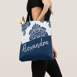Blue White Damask Pattern Modern Personalized Tote Bag