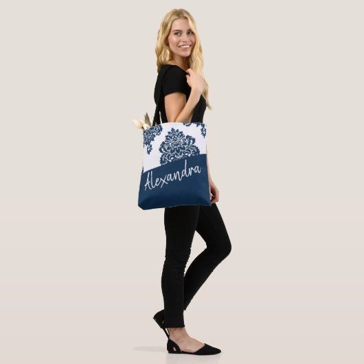 Blue White Damask Pattern Modern Personalized Tote Bag (Op model)