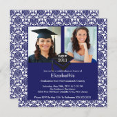 Blue & White Damask Photo Afstuderen Invitation Kaart (Voorkant / Achterkant)