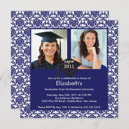 Blue & White Damask Photo Afstuderen Invitation Kaart (Voorkant / Achterkant)