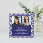 Blue & White Damask Photo Afstuderen Invitation Kaart (Staand voorkant)