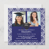 Blue & White Damask Photo Afstuderen Invitation Kaart (Voorkant)