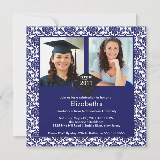 Blue & White Damask Photo Afstuderen Invitation Kaart (Voorkant)