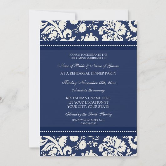 Blue White Damask repesal Dinner Party Kaart (Achterkant)