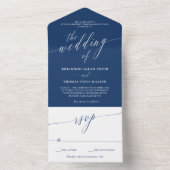 Blue White Delicate Calligraphy Wedding All In One Uitnodiging (Binnen)