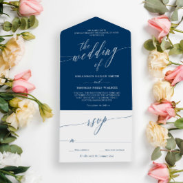 Blue White Delicate Calligraphy Wedding All In One Uitnodiging