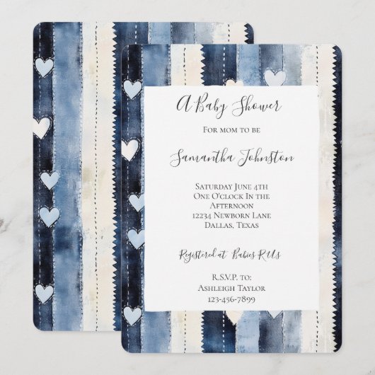 Blue White Denim Heart Stripes Baby shower Kaart (Voorkant / Achterkant)