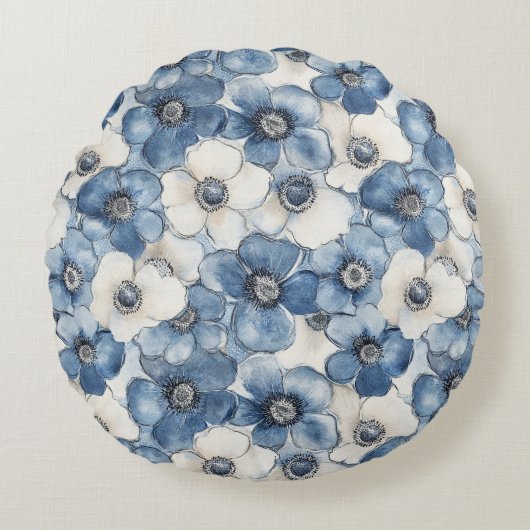 Blue White Denim Heart Stripes Floral  Rond Kussen (Voorkant)