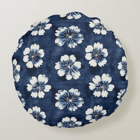 Blue White Denim Heart Stripes Floral  Rond Kussen (Achterkant)