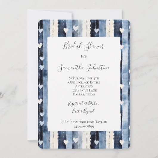 Blue White Denim Heart Stripes Vrijgezellenfeest Kaart (Voorkant)