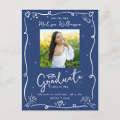 Blue White Doodles Graduation Save the Date Photo Uitnodiging Briefkaart (Voorkant)