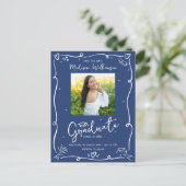 Blue White Doodles Graduation Save the Date Photo Uitnodiging Briefkaart (Staand voorkant)