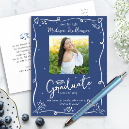 Blue White Doodles Graduation Save the Date Photo Uitnodiging Briefkaart