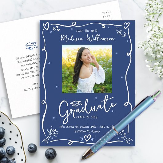 Blue White Doodles Graduation Save the Date Photo Uitnodiging Briefkaart