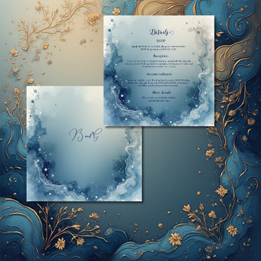 blue white Dreamy coastal marble ink wedding Informatiekaartje