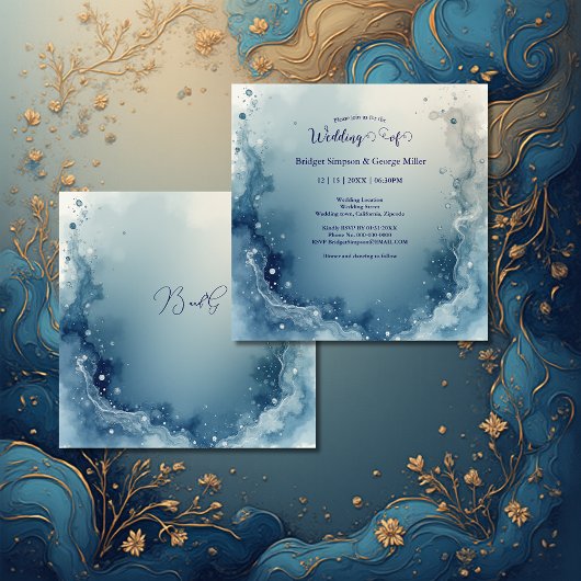 blue white Dreamy coastal marble ink wedding Kaart