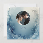 blue white Dreamy coastal marble ink wedding photo Bedankkaart (Achterkant)