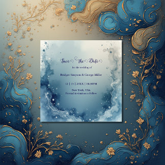 blue white Dreamy coastal marble ink wedding Save The Date